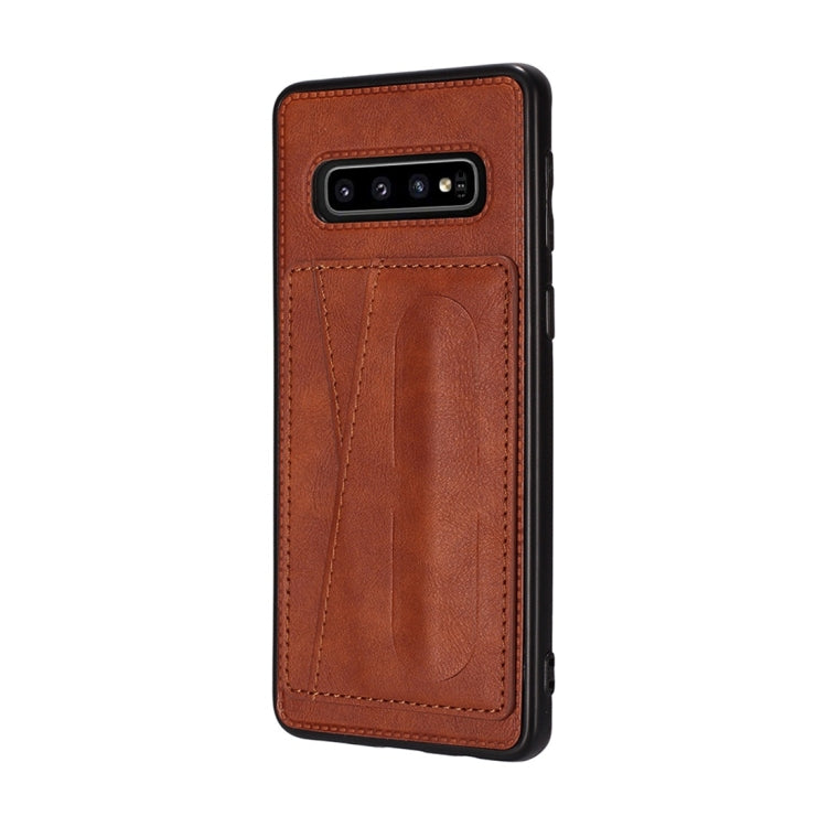 For Galaxy S10e Shockproof PC + PU Protective Case with Spring Holder & Card Slot