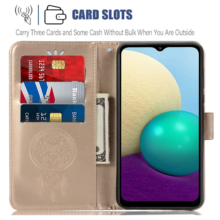 For Samsung Galaxy A02 (EU Version) Wind Chime Owl Embossing Pattern Horizontal Flip Leather Case with Holder & Card Slots & Wallet