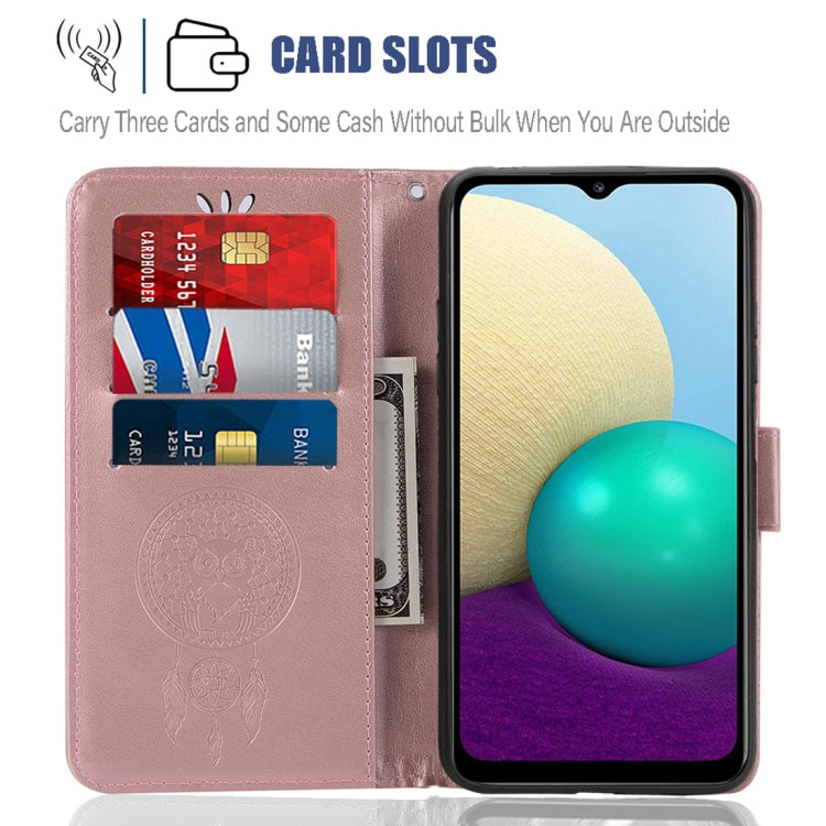 For Samsung Galaxy A02 (EU Version) Wind Chime Owl Embossing Pattern Horizontal Flip Leather Case with Holder & Card Slots & Wallet