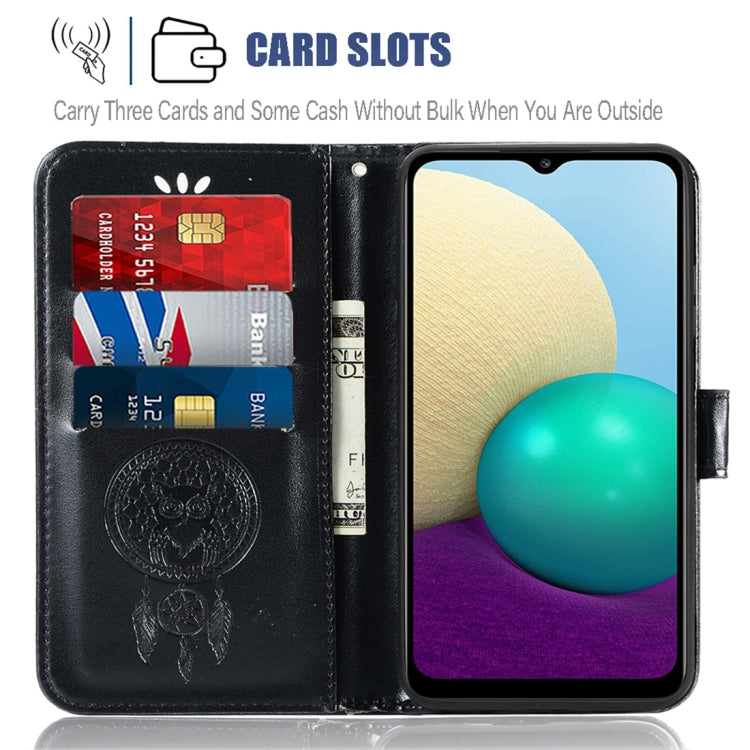 For Samsung Galaxy A02 (EU Version) Wind Chime Owl Embossing Pattern Horizontal Flip Leather Case with Holder & Card Slots & Wallet