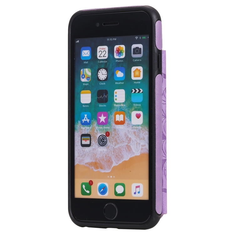 For iPhone SE 2022 / SE 2020 / 8 / 7 Flower Embossing Pattern Shockproof Protective Case with Holder & Card Slots & Photo Frame