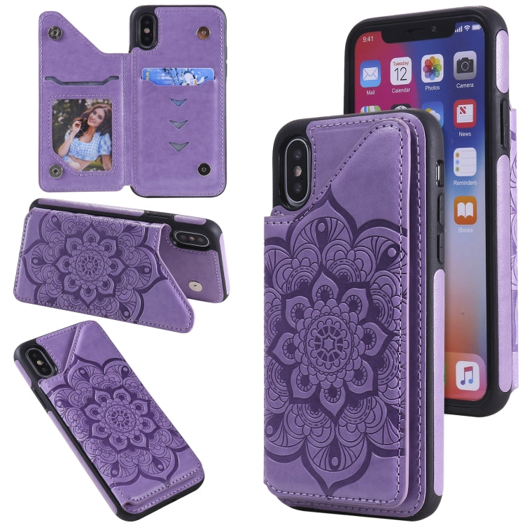 For iPhone X / XS Flower Embossing Pattern Shockproof Protective Case with Holder & Card Slots & Photo Frame