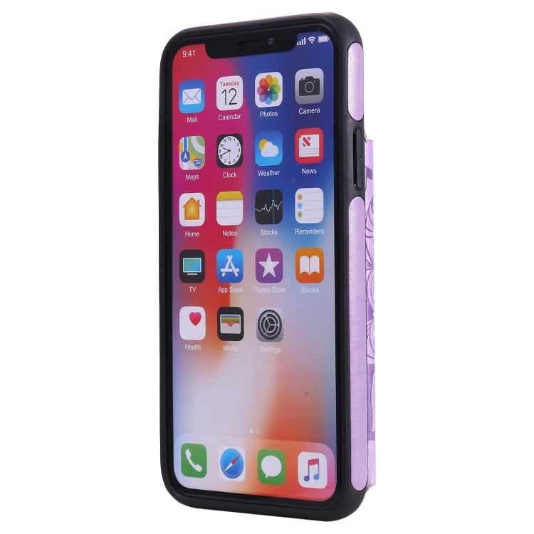 For iPhone X / XS Flower Embossing Pattern Shockproof Protective Case with Holder & Card Slots & Photo Frame