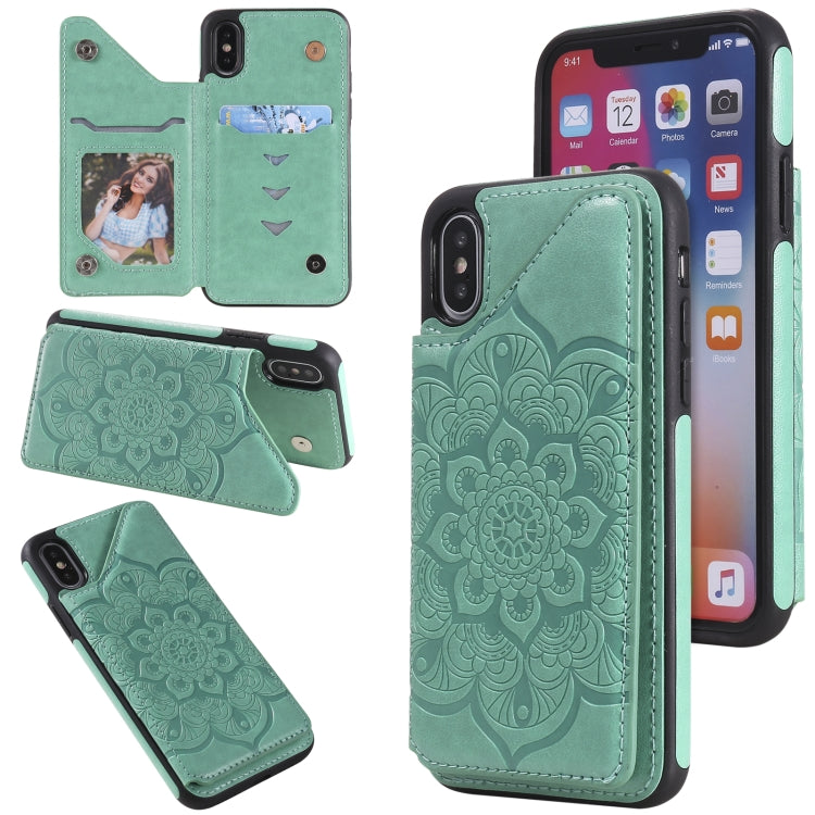 For iPhone X / XS Flower Embossing Pattern Shockproof Protective Case with Holder & Card Slots & Photo Frame