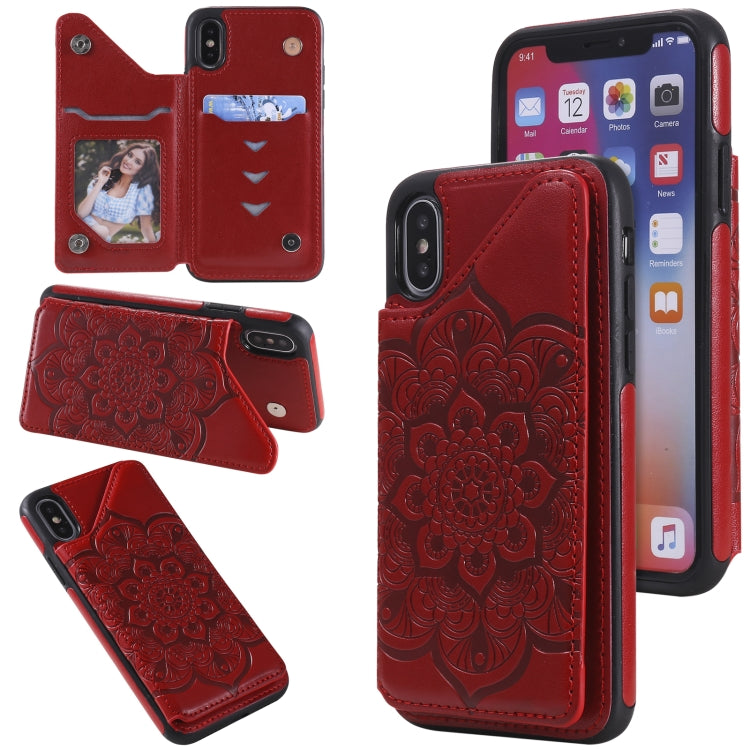 For iPhone X / XS Flower Embossing Pattern Shockproof Protective Case with Holder & Card Slots & Photo Frame