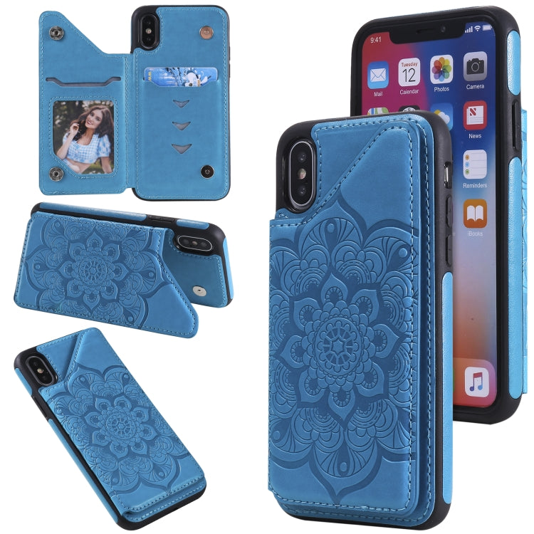 For iPhone X / XS Flower Embossing Pattern Shockproof Protective Case with Holder & Card Slots & Photo Frame