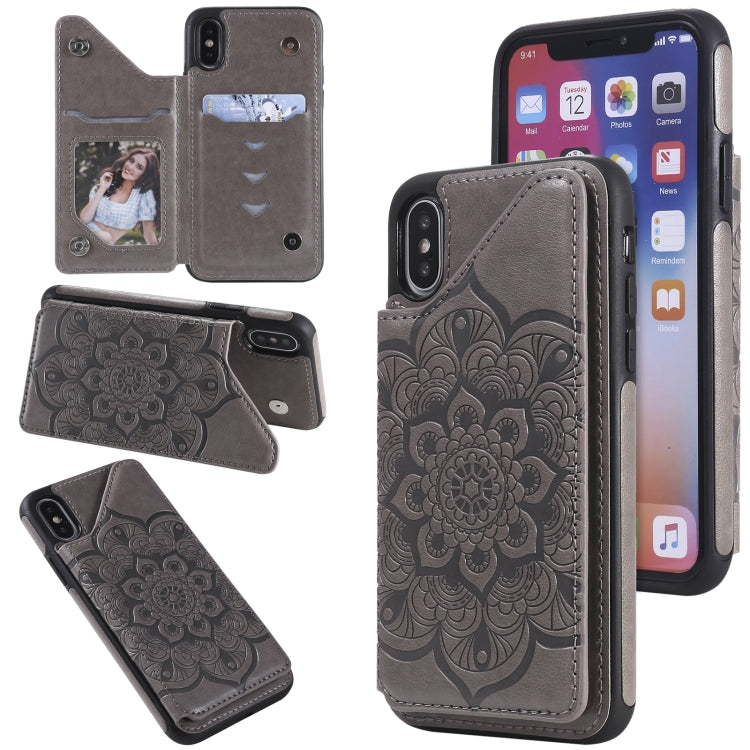For iPhone X / XS Flower Embossing Pattern Shockproof Protective Case with Holder & Card Slots & Photo Frame