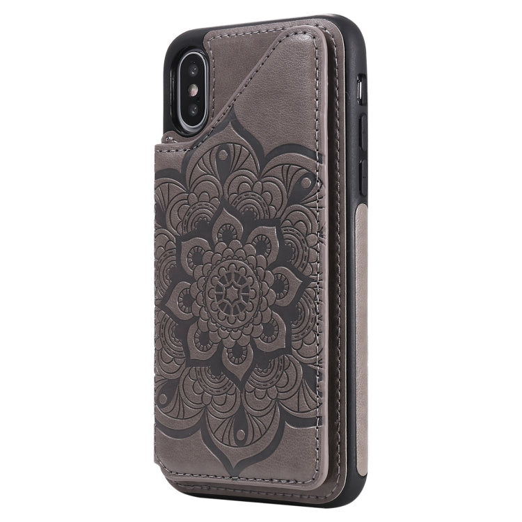 For iPhone X / XS Flower Embossing Pattern Shockproof Protective Case with Holder & Card Slots & Photo Frame