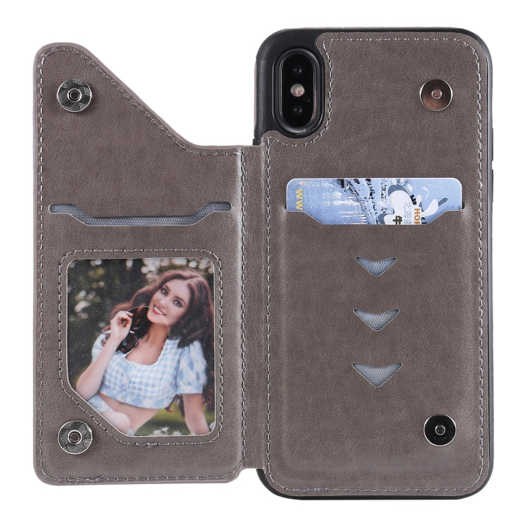 For iPhone X / XS Flower Embossing Pattern Shockproof Protective Case with Holder & Card Slots & Photo Frame