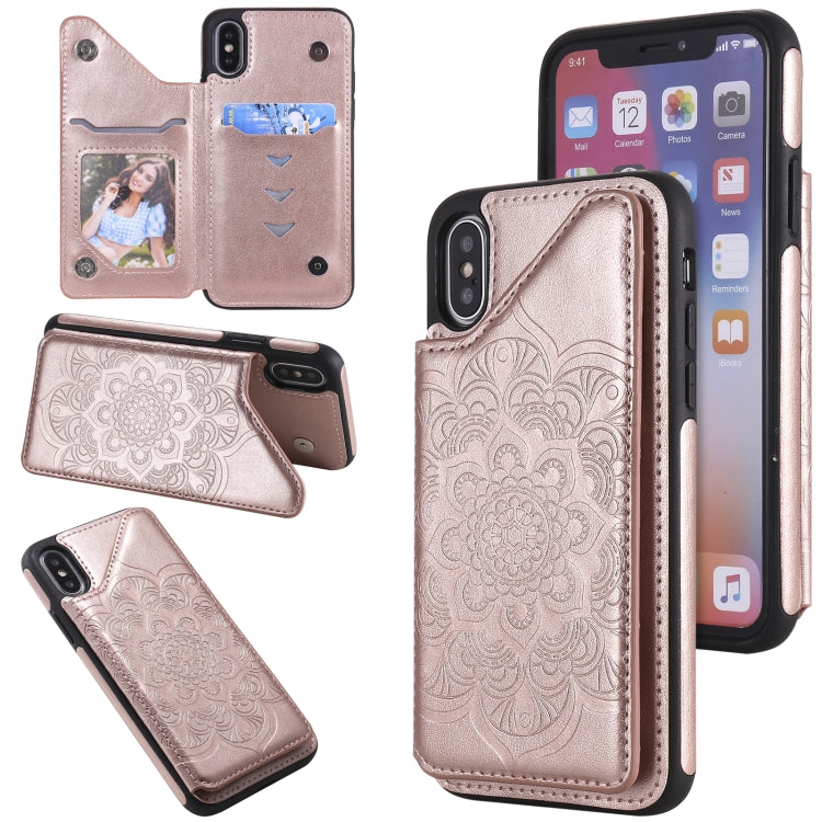 For iPhone X / XS Flower Embossing Pattern Shockproof Protective Case with Holder & Card Slots & Photo Frame