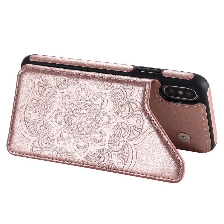 For iPhone X / XS Flower Embossing Pattern Shockproof Protective Case with Holder & Card Slots & Photo Frame