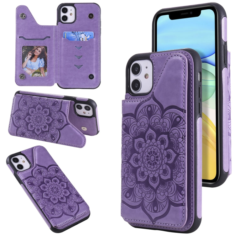For iPhone 11 Flower Embossing Pattern Shockproof Protective Case with Holder & Card Slots & Photo Frame