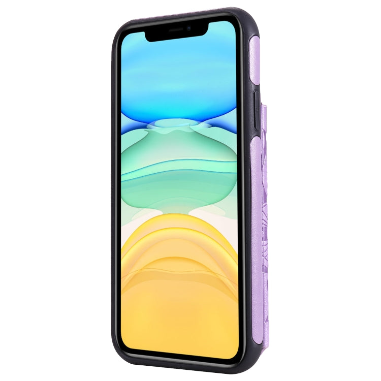 For iPhone 11 Flower Embossing Pattern Shockproof Protective Case with Holder & Card Slots & Photo Frame