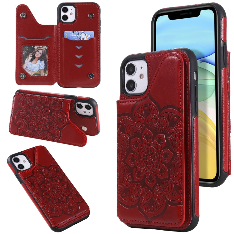 For iPhone 11 Flower Embossing Pattern Shockproof Protective Case with Holder & Card Slots & Photo Frame