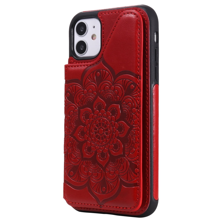 For iPhone 11 Flower Embossing Pattern Shockproof Protective Case with Holder & Card Slots & Photo Frame