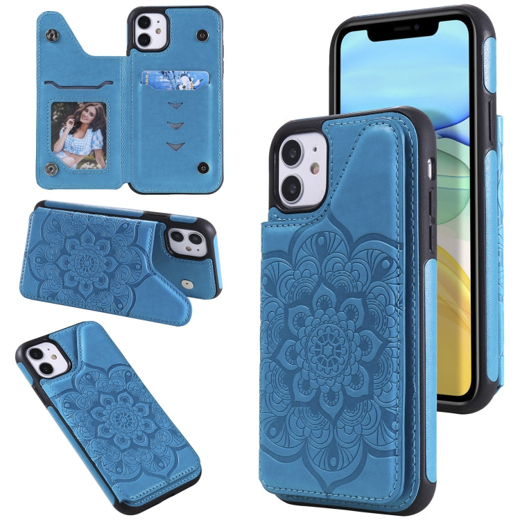 For iPhone 11 Flower Embossing Pattern Shockproof Protective Case with Holder & Card Slots & Photo Frame