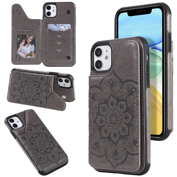 For iPhone 11 Flower Embossing Pattern Shockproof Protective Case with Holder & Card Slots & Photo Frame