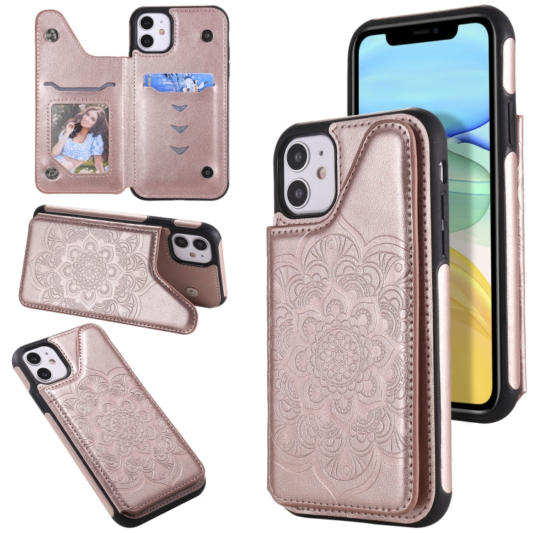 For iPhone 11 Flower Embossing Pattern Shockproof Protective Case with Holder & Card Slots & Photo Frame