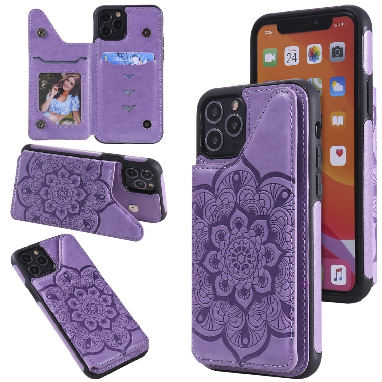 For iPhone 11 Pro Flower Embossing Pattern Shockproof Protective Case with Holder & Card Slots & Photo Frame
