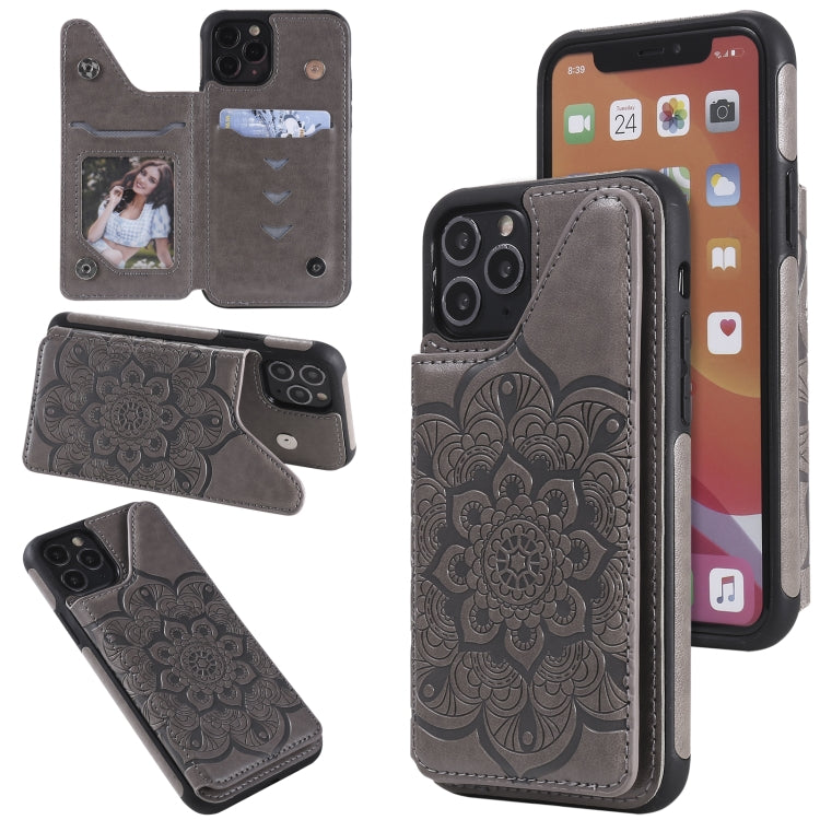 For iPhone 11 Pro Flower Embossing Pattern Shockproof Protective Case with Holder & Card Slots & Photo Frame