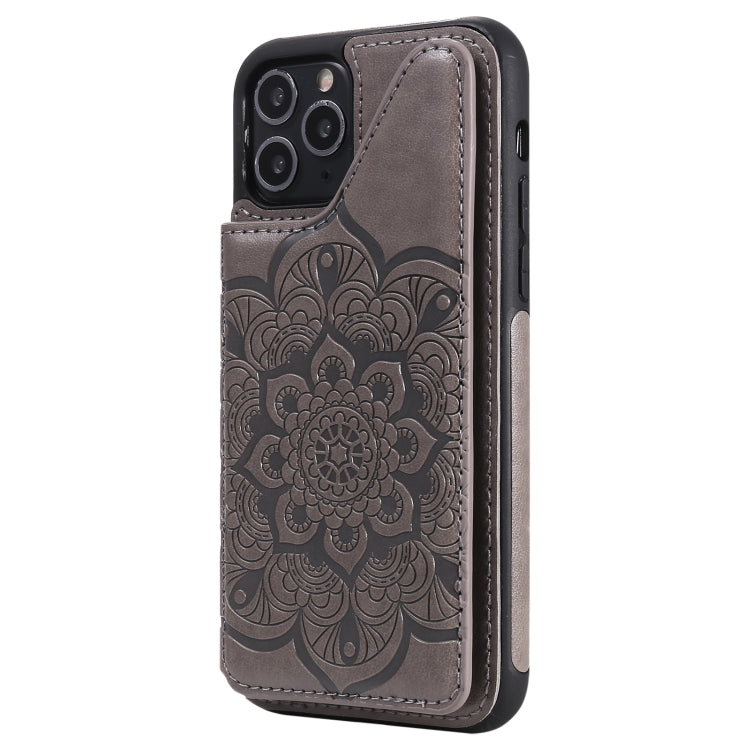 For iPhone 11 Pro Flower Embossing Pattern Shockproof Protective Case with Holder & Card Slots & Photo Frame