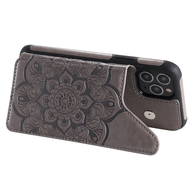 For iPhone 11 Pro Flower Embossing Pattern Shockproof Protective Case with Holder & Card Slots & Photo Frame
