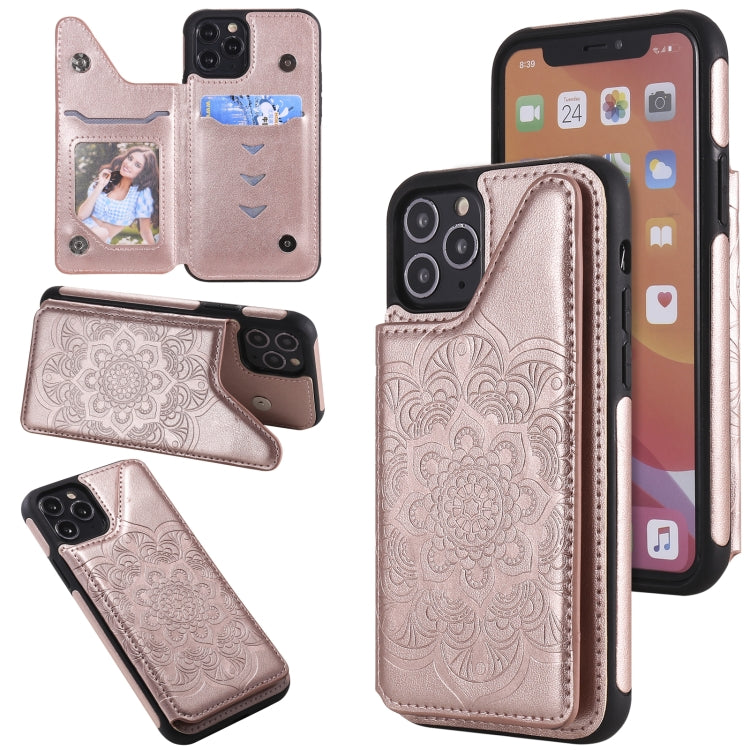 For iPhone 11 Pro Flower Embossing Pattern Shockproof Protective Case with Holder & Card Slots & Photo Frame