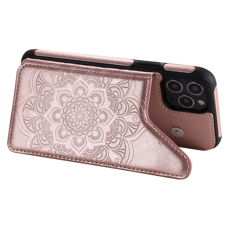 For iPhone 11 Pro Flower Embossing Pattern Shockproof Protective Case with Holder & Card Slots & Photo Frame