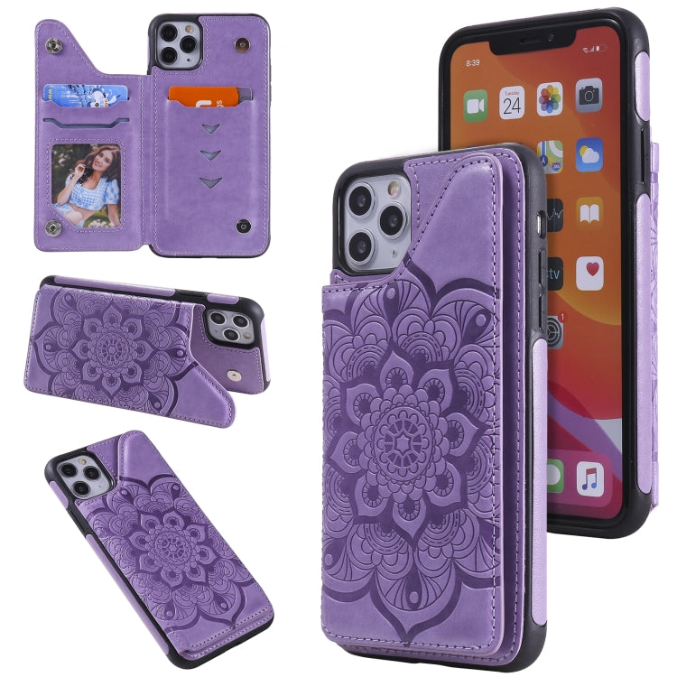 For iPhone 11 Pro Max Flower Embossing Pattern Shockproof Protective Case with Holder & Card Slots & Photo Frame