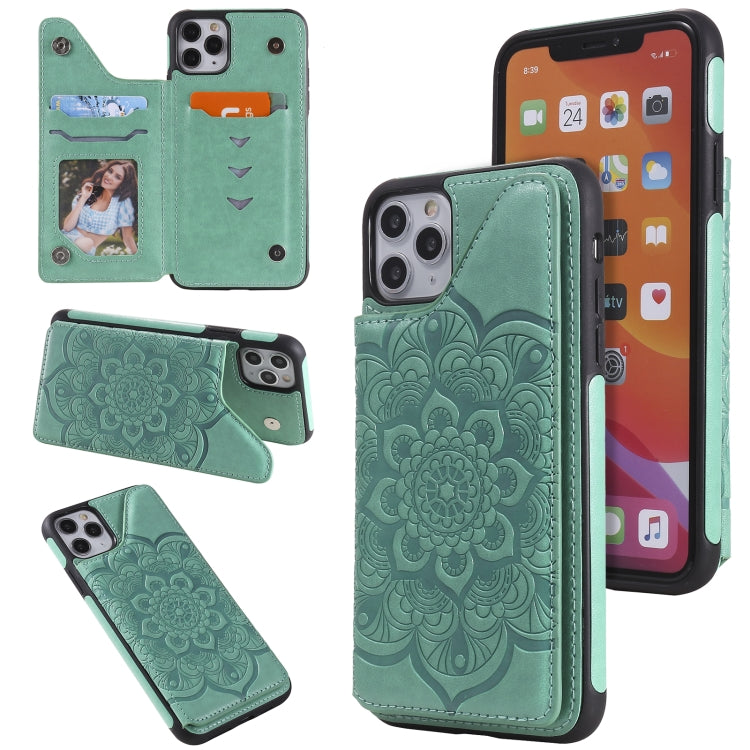 For iPhone 11 Pro Max Flower Embossing Pattern Shockproof Protective Case with Holder & Card Slots & Photo Frame