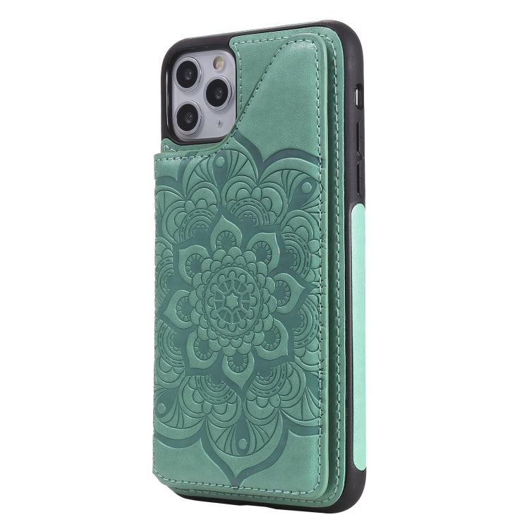For iPhone 11 Pro Max Flower Embossing Pattern Shockproof Protective Case with Holder & Card Slots & Photo Frame