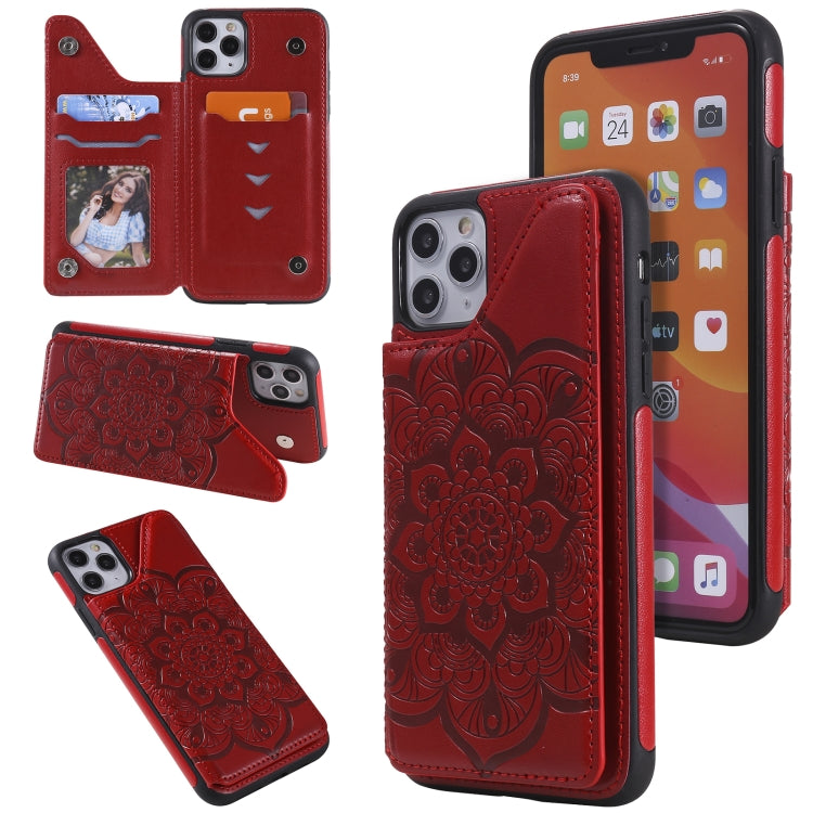 For iPhone 11 Pro Max Flower Embossing Pattern Shockproof Protective Case with Holder & Card Slots & Photo Frame