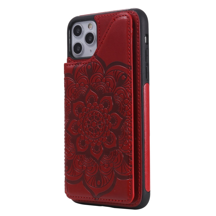 For iPhone 11 Pro Max Flower Embossing Pattern Shockproof Protective Case with Holder & Card Slots & Photo Frame