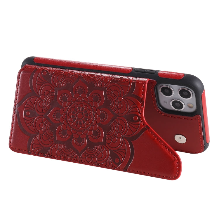 For iPhone 11 Pro Max Flower Embossing Pattern Shockproof Protective Case with Holder & Card Slots & Photo Frame
