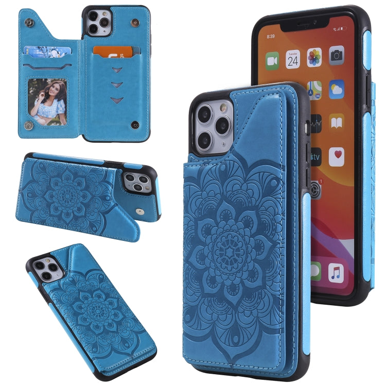 For iPhone 11 Pro Max Flower Embossing Pattern Shockproof Protective Case with Holder & Card Slots & Photo Frame