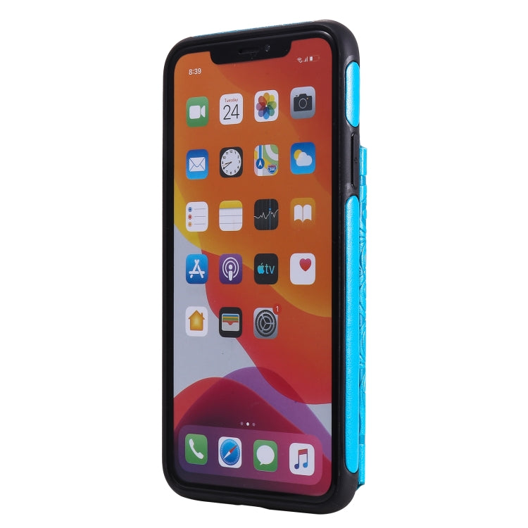 For iPhone 11 Pro Max Flower Embossing Pattern Shockproof Protective Case with Holder & Card Slots & Photo Frame