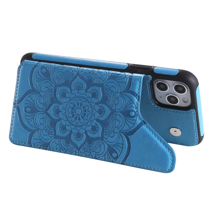 For iPhone 11 Pro Max Flower Embossing Pattern Shockproof Protective Case with Holder & Card Slots & Photo Frame