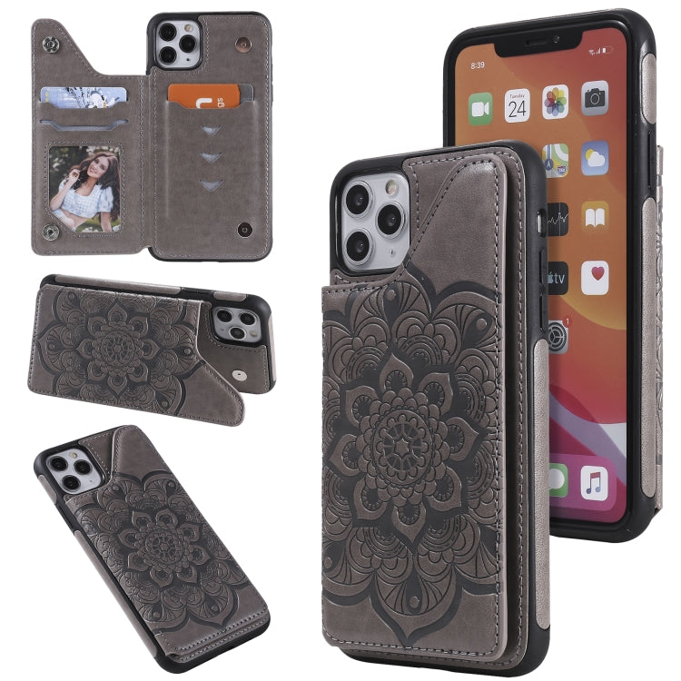 For iPhone 11 Pro Max Flower Embossing Pattern Shockproof Protective Case with Holder & Card Slots & Photo Frame