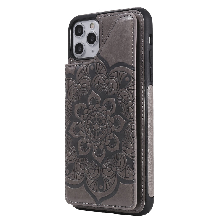 For iPhone 11 Pro Max Flower Embossing Pattern Shockproof Protective Case with Holder & Card Slots & Photo Frame