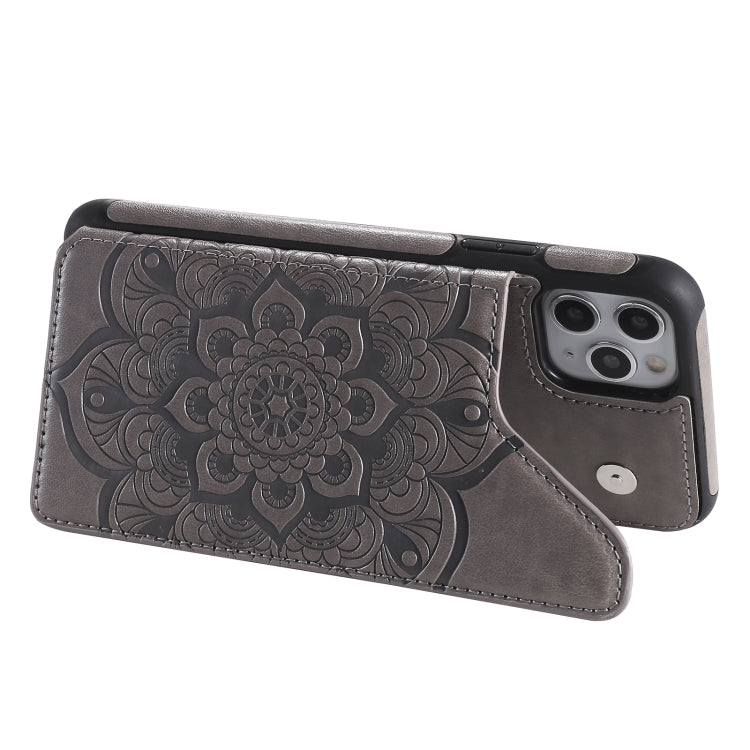 For iPhone 11 Pro Max Flower Embossing Pattern Shockproof Protective Case with Holder & Card Slots & Photo Frame