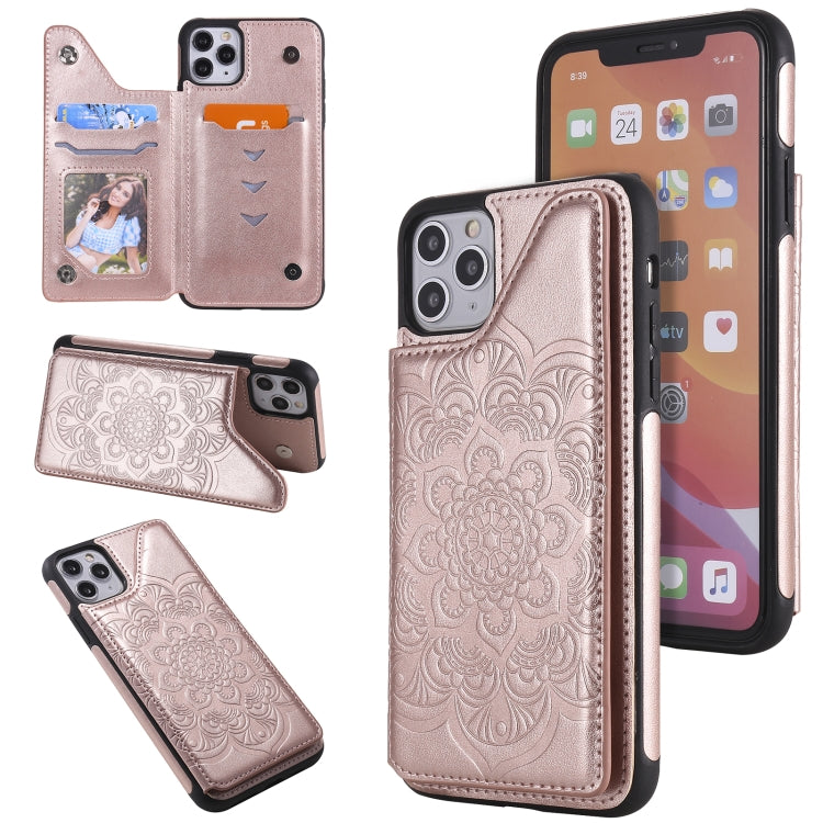 For iPhone 11 Pro Max Flower Embossing Pattern Shockproof Protective Case with Holder & Card Slots & Photo Frame