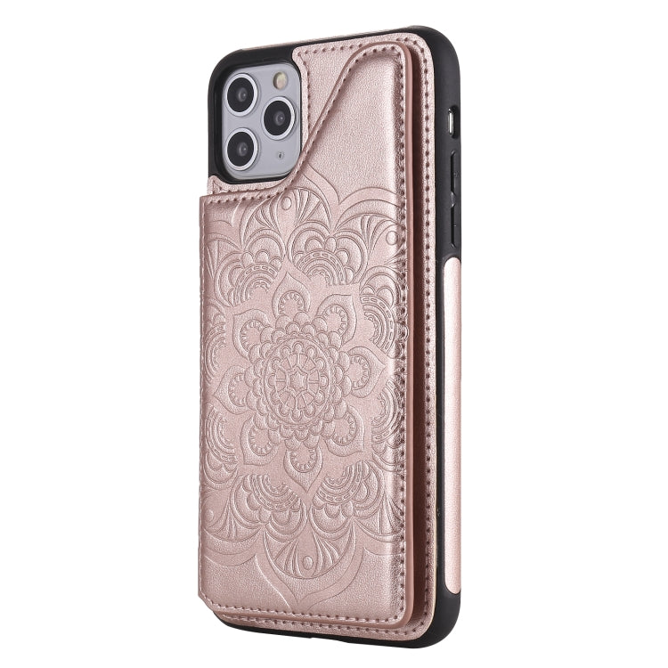 For iPhone 11 Pro Max Flower Embossing Pattern Shockproof Protective Case with Holder & Card Slots & Photo Frame
