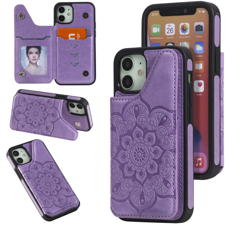 For iPhone 12 mini Flower Embossing Pattern Shockproof Protective Case with Holder & Card Slots & Photo Frame
