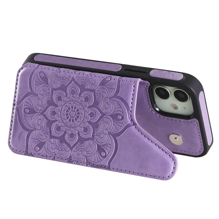 For iPhone 12 mini Flower Embossing Pattern Shockproof Protective Case with Holder & Card Slots & Photo Frame
