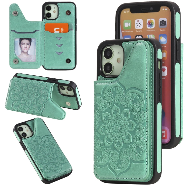 For iPhone 12 mini Flower Embossing Pattern Shockproof Protective Case with Holder & Card Slots & Photo Frame