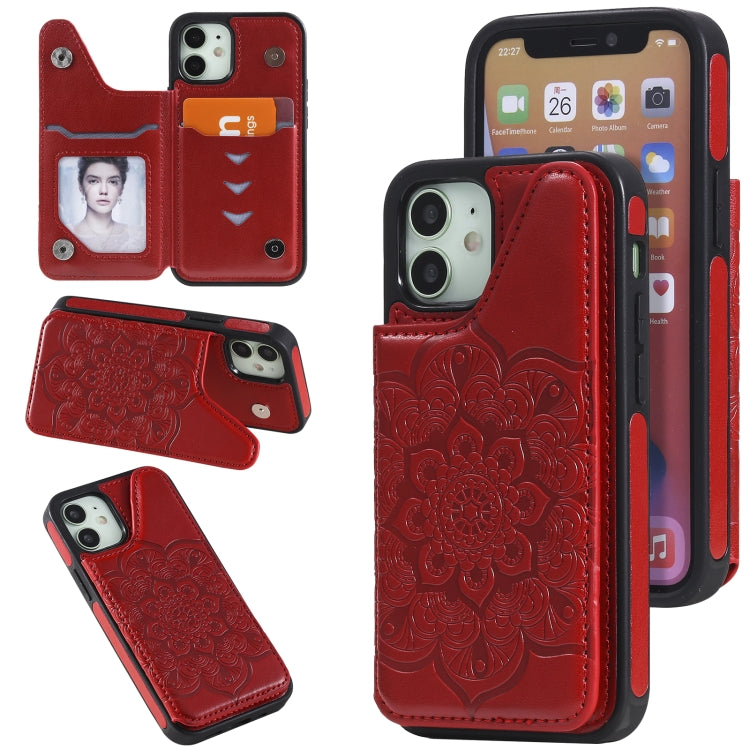 For iPhone 12 mini Flower Embossing Pattern Shockproof Protective Case with Holder & Card Slots & Photo Frame