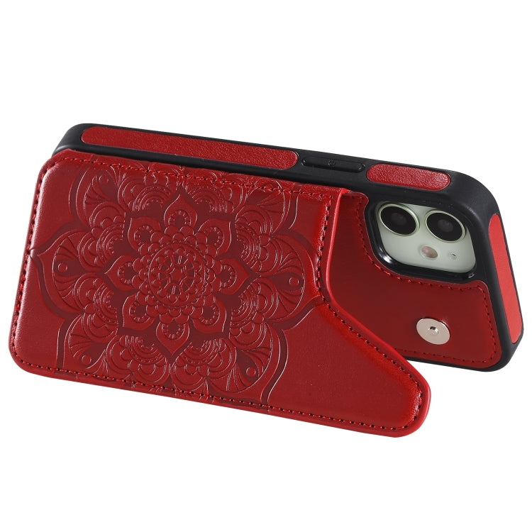 For iPhone 12 mini Flower Embossing Pattern Shockproof Protective Case with Holder & Card Slots & Photo Frame