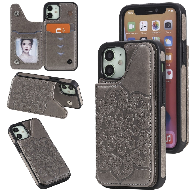 For iPhone 12 mini Flower Embossing Pattern Shockproof Protective Case with Holder & Card Slots & Photo Frame