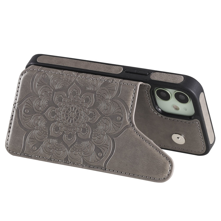 For iPhone 12 mini Flower Embossing Pattern Shockproof Protective Case with Holder & Card Slots & Photo Frame