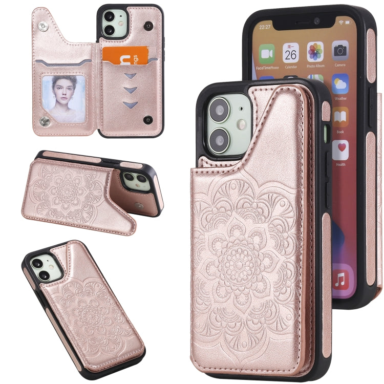 For iPhone 12 mini Flower Embossing Pattern Shockproof Protective Case with Holder & Card Slots & Photo Frame
